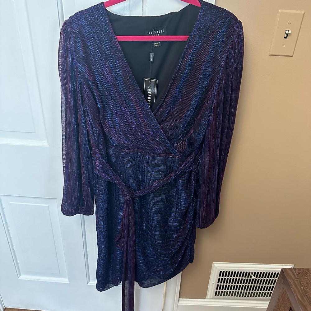 Lovedrobe Blue Ruched Wrap Dress with Bishop Sleeves